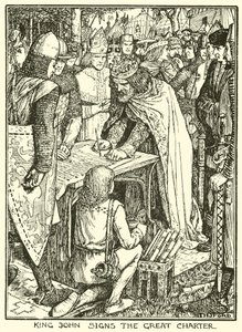 Magna Charta. Kung John undertecknar den stora stadgan (gravyr) av Henry Justice Ford