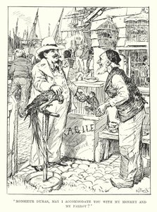 "Monsieur Dumas, får jag hysa er med min apa och min papegoja" (gravyr) av Henry Justice Ford