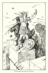 Montezuma attackerad av missiler (gravyr) av Henry Justice Ford