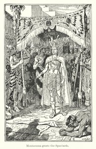 Montezuma hälsar på spanjorerna (gravyr) av Henry Justice Ford
