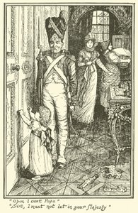 "Öppna jag vill ha pappa". "Sire, jag får inte släppa in Ers Majestät" (gravyr) av Henry Justice Ford