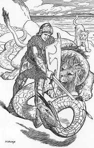 Percival slåss mot ormen Illustration av HJ Ford (1860-1940) från "The book of romance" 1902 Privat samling av Henry Justice Ford
