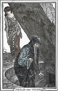 Representation av Merlin the Enchanter och Fee Viviane (Merlin anc Vivien) Illustration av Henry Justice (HJ) Ford (1860-1941) från "The book of romance"" 1902 Collection privee av Henry Justice Ford