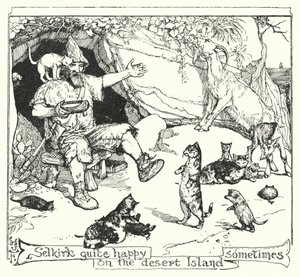Selkirk ganska glad på den öde ön ibland (litho) av Henry Justice Ford