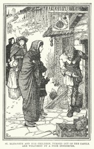 St Elizabeth och hennes barn, vänt ut från slottet, välkomnas av en fattig gästgivare (litho) av Henry Justice Ford