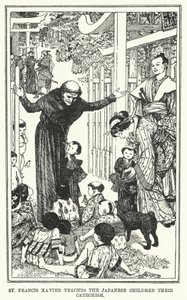 St Francis Xavier lär de japanska barnen deras katekes (litho) av Henry Justice Ford