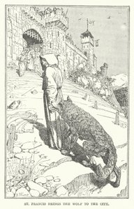 St Francis tar med sig vargen till staden (litho) av Henry Justice Ford
