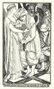 Sumi visar Hassan the Book of Magic (gravyr) av Henry Justice Ford