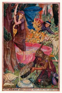 Häxan får ner Pulga från trädet (färg litho) av Henry Justice Ford