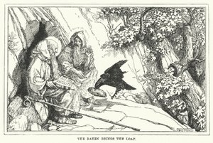 Korpen kommer med limpan (litho) av Henry Justice Ford