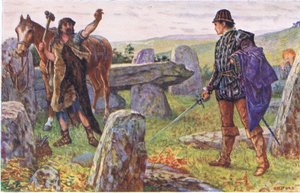 Tresilian konfronterar den mystiska hovslagaren, illustration från Kenilworth, ca 1910 av Henry Justice Ford