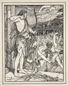 Ulysses Shoots the First Arrow at the Wooers, från "Tales of the Greek Seas" av Andrew Lang av Henry Justice Ford