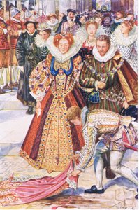 Walter Raleigh offrar sin mantel för drottning Elizabeth, illustration från Kenilworth, ca 1910 av Henry Justice Ford