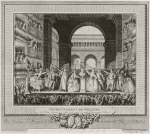Kröning av Voltaire vid Théatre Francais, 30 mars 1778, efter den sjätte föreställningen av Irene, 1782 (etsning och gravyr)