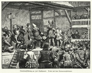 Framförande av William Shakespeares pjäs En midsommarnattsdröm under dramatikerns livstid (litho)