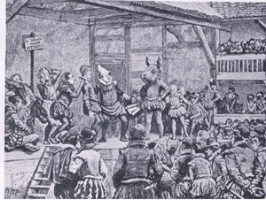 A Midsummer Nights Dream uppförd i en Elizabethansk teater, från Cassells History of the British People publicerad av Waverley Book Company, ca 1950-talet