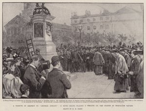 En hyllning av respekt till kinesiska Gordon, Li Hung Chang placerar en krans på statyn på Trafalgar Square av Henry Marriott Paget