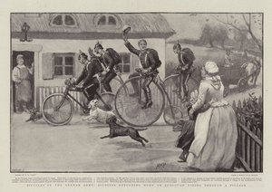 Cyklar i den tyska armén, soldater som återvänder hem på Furlough Ridande genom en by av Henry Marriott Paget