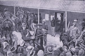 Kolonialförstärkningar för Sydafrika: En ström av sökande till inskrivning i Sydney, från After Pretoria: The Guerilla War publicerad av Harmsworth Brothers Limited, 1901 av Henry Marriott Paget
