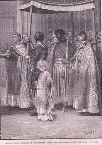 Kröning av Richard I i Westminster Abbey: processionen längs gången 1189 e.Kr. av Henry Marriott Paget