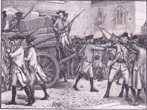 Trupper eskorterar det stämplade papperet till City Hall, New York AD 1765