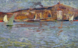Hamnen i Marseille, den gamla hamnen och den "goda modern" (Cathedrale Notre Dame de la Garde (Notre-Dame-de-la-Garde). Målning av Henri Martin (1835-1908). Olja på duk. Mått: 38x61cm Obligatoriskt omnämnande: Regards de Provence foundation collection, Mar