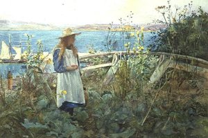 En flicka i en trädgård vid havet