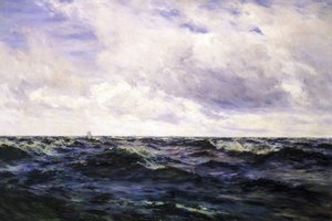 "Havslandskap med en båtskylt till vänster och en kutter som är mitt uppe i en kappsegling till höger, båda på mycket stort avstånd. av Henry Moore