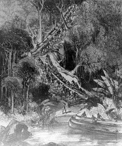 Hauling Canoes Up Inkisi Falls, publicerad "The Illustrated London News" 6 februari 1878 av Henry Morton Stanley