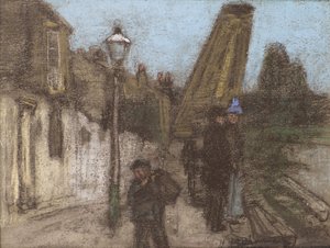 Hus på en strand vid Themsen (pastell) av Henry Muhrmann