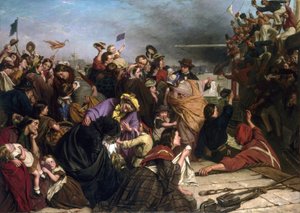 Avsked av invandrare, på en brygga i Themsen (England), beskrivning av grupper av människor i alla åldrar och samhällsklasser, samt sjömännen i röda och blå skjortor på båten som vinkar till folkmassan av Henry Nelson O