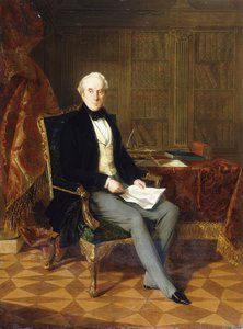 Porträtt av Henry Pelham-Clinton, K.G., 4:e hertigen av Newcastle, håller ett dokument, i hans studie, 1850