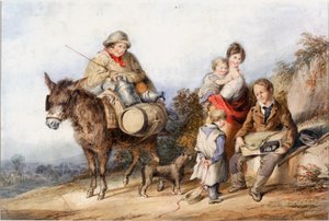 Mjölkpojke med familjegrupp, ca 1840 (akvarell och gouache)