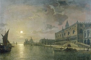 Månbelyst utsikt över Bacino Di San Marco, Venedig, med Dogepalatset
