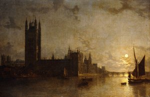 Westminster Abbey, The Houses of Parliament med konstruktionen av Westminster Bridge, 1859
