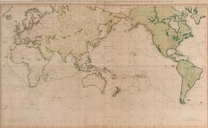 En översiktskarta som visar de upptäckter som kapten James Cook gjorde under denna och sina två föregående resor med spåren efter de fartyg som var under hans befäl. Av löjtnant Roberts från hans majestäts flotta