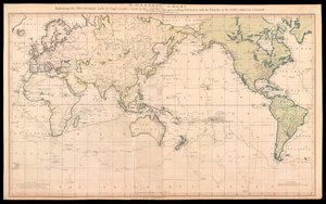 En allmän karta som visar de upptäckter som gjordes av kapten James Cook under denna och hans två föregående resor med spåren efter de fartyg som var under hans befäl