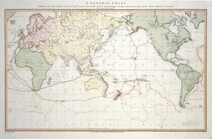 En översiktskarta som visar de upptäckter som kapten James Cook gjorde under denna och sina två föregående resor med spåren efter de fartyg som var under hans befäl. Av löjtnant Roberts från hans majestäts flotta
