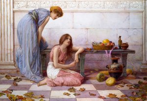 "Flowers and Fruit" Draperade kvinnor med melankoliska ansiktsuttryck på innergården till en antik villa. Målning av Henry Ryland (1856-1924)