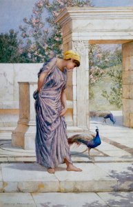 "Sommaren är här" Draperad ung kvinna och en påfågel på en antik marmorterrass. Målning av Henry Ryland (1856-1924) (klassicism)