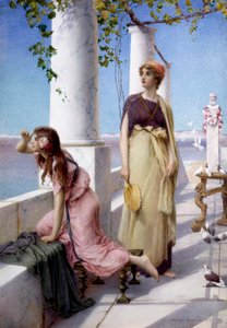 "Unga kvinnor spanar ut över horisonten från sin terrass i antik stil. Målning av Henry Ryland (1856-1924) 1910 Privat samling