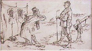 Golfaren blir störd av säljaren, illustration till Graphic magazine, pub. c, 1870 av Henry Sandercock