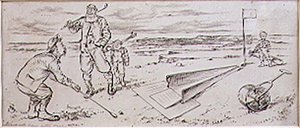 Den guidade golfaren, illustration från "Graphic" tidningen, pub. c, 1870 (lito) av Henry Sandercock