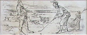 Den tveksamma golfaren, illustration från "Graphic" tidning, pub. c.1870 (lito)
