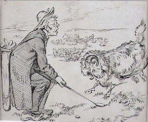 Den förvånade golfaren, illustration från "Graphic" tidning, pub. c. 1870 (lito) av Henry Sandercock