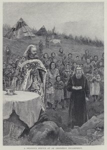 En religiös gudstjänst på ett orozhannis läger (litho)