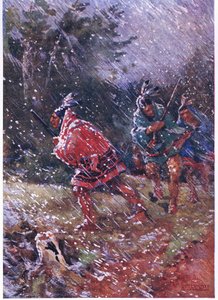 Röda indianer som jagar i en snöstorm
