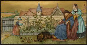 Sans Everything, plakett föreställande en illustration från Shakespeares Seven Ages, Minton ware, Staffordshire, 1874 (emaljerad lergods)