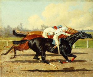 Galilee, Dobbins och Domino springer i Futurity Stakes, Belmont Park av Henry Stull