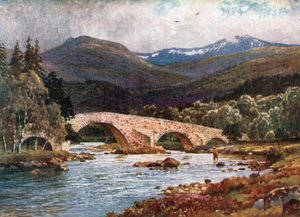 Old Mar Bridge och Lochnagar, Aberdeenshire (färglitografi)
